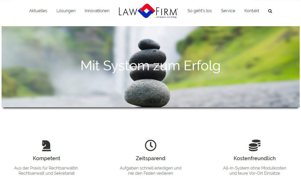 Startseite der neu strukturierten und modernisierten Webseite mit interessanten Informationen zur Premium Kanzleisoftware LawFirm.