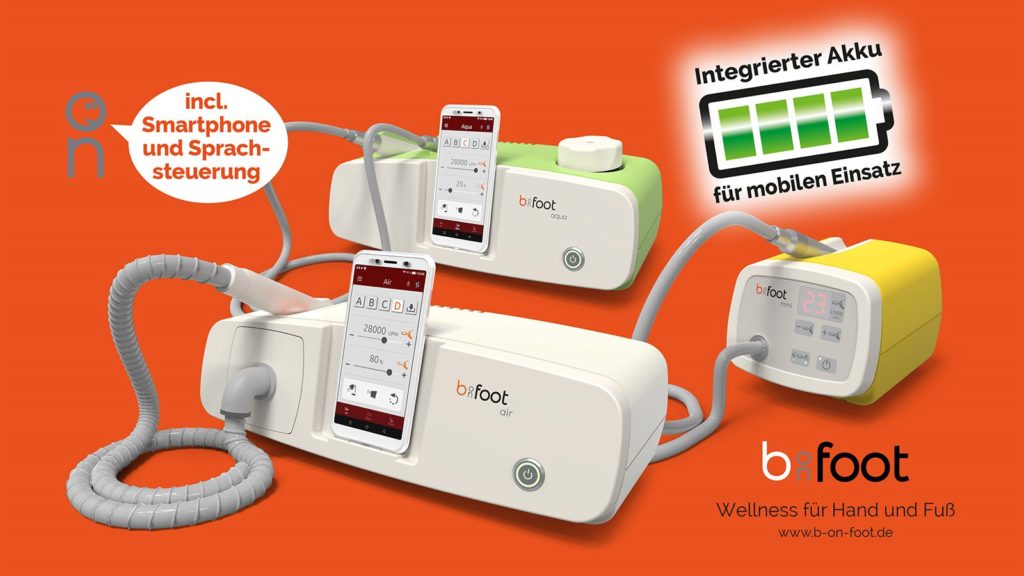 Alle b-on-foot Geräte erleichtern mobile Behandlungen jetzt mit einem integrierten Akku (Bildquelle: bahner Feinwerktechnik GmbH