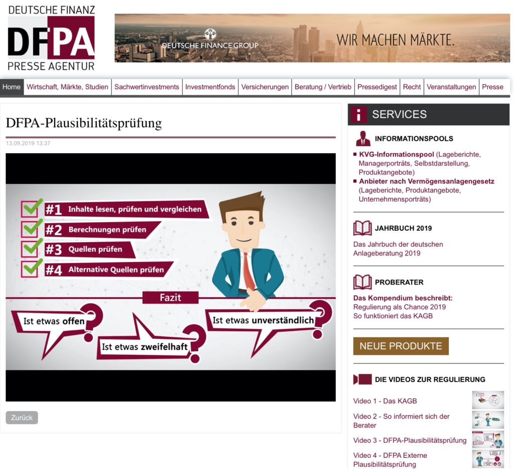 Erklärvideo und Checkliste der DFPA zur Plausibilitätsprüfung bei der Kapitalanlage-/ Finanzberatung