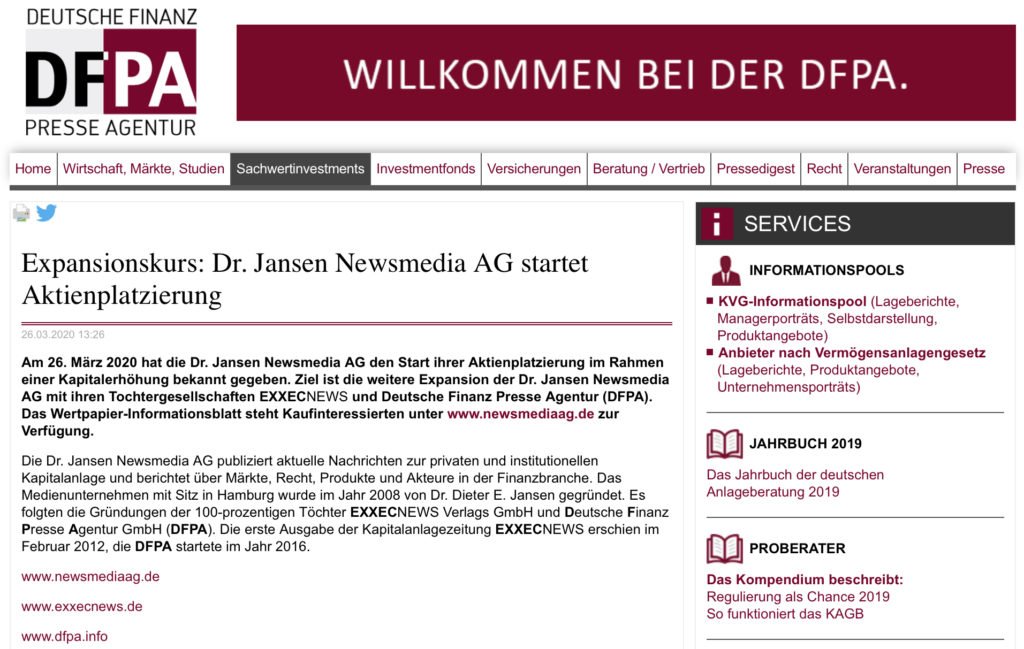 Expansionskurs: Dr. Jansen Newsmedia AG (EXXECNEWS
