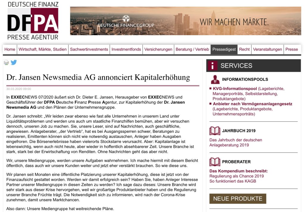 Dr. Jansen Newsmedia AG annonciert Kapitalerhöhung (Quelle: DFPA Deutsche Finanz Presse Agentur)