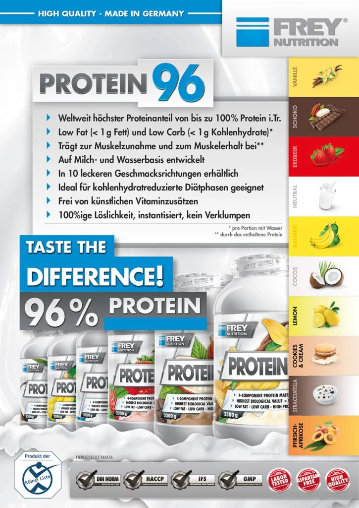 PROTEIN 96 von FREY Nutrition mit dem weltweit höchsten Proteingehalt von 96 % (i.Tr.)