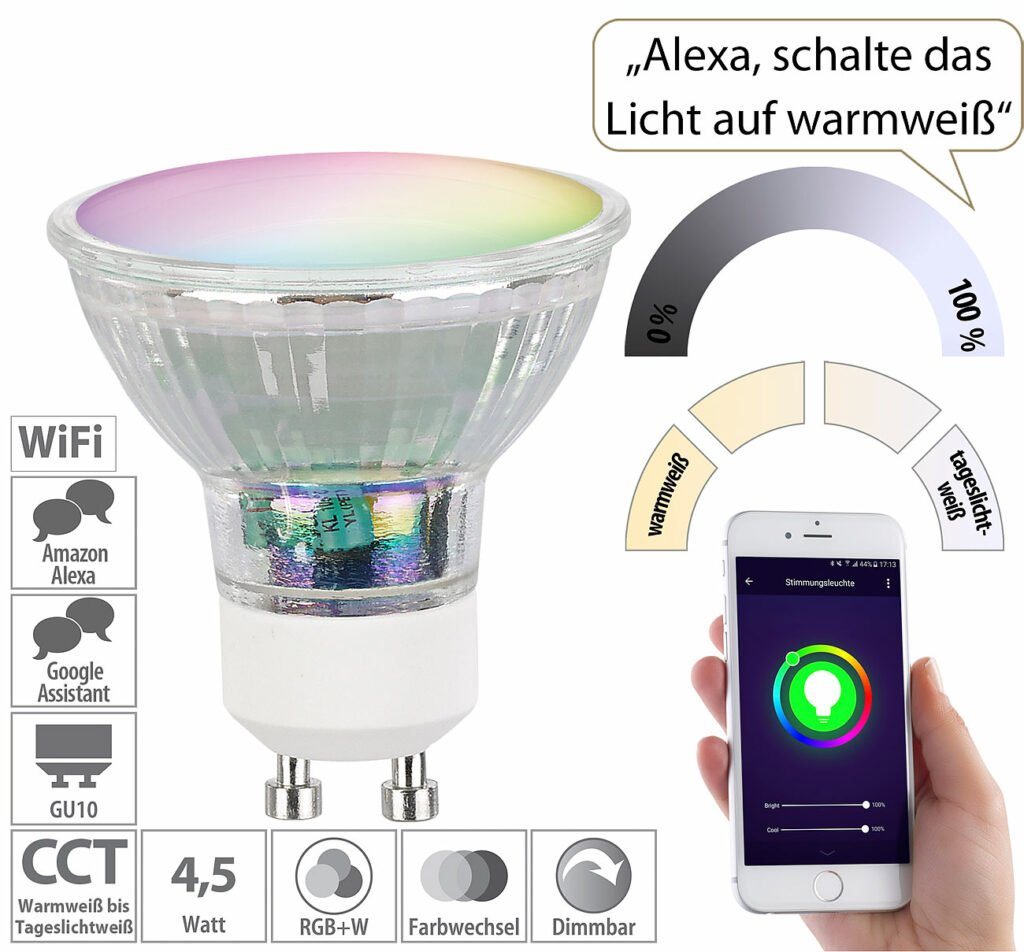 Luminea Home Control WLAN-LED-Glas-Spot GU10 für Siri