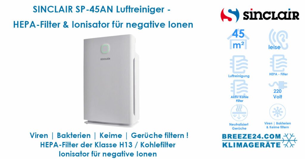ProduktLuftreiniger SINCLAIR SP-45AN für 1 Zimmer mit 45 m² mit HEPA 13 Filterbild-18196-1200x627-f5591cef
