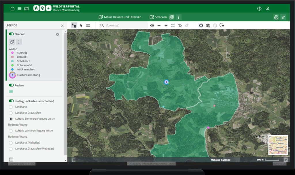 Im Wildtierportal Baden-Württemberg können erfasste Jagdstrecken mit Cadenza Web beispielsweise als Cluster dargestellt werden