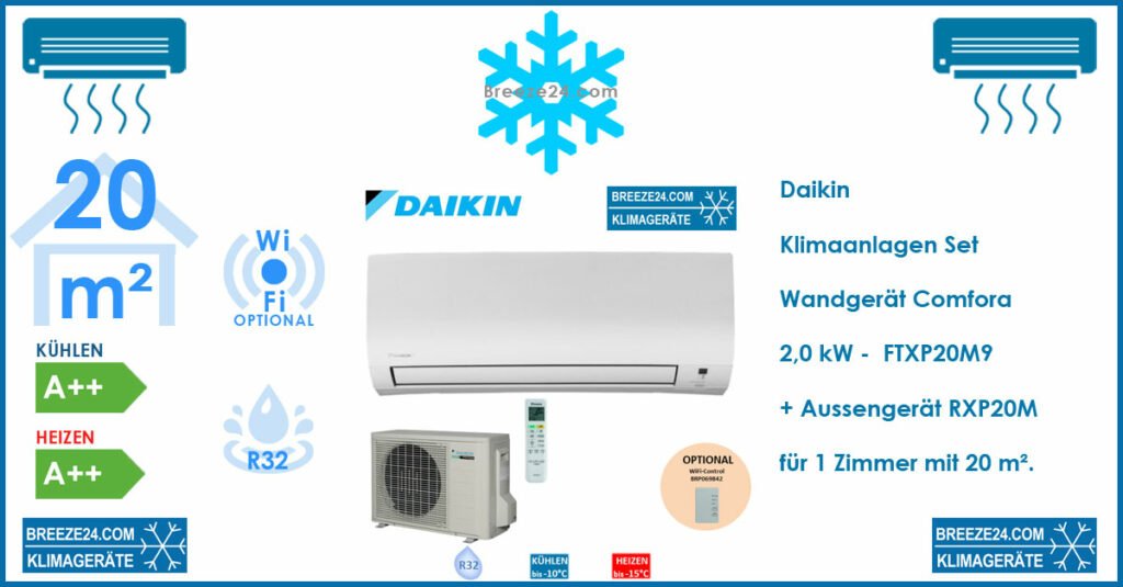 Daikin Klimaanlagen Set Wandgerät Comfora 2,0 kW - FTXP20M9 + RXP20M R32 für 1 Zimmer mit 20 m²