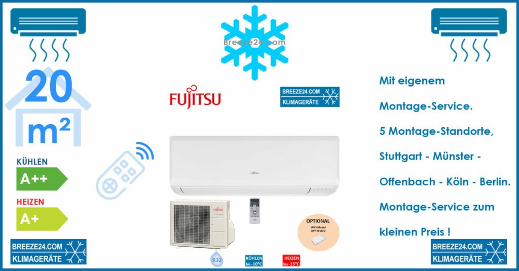 Fujitsu Klimaanlagen Set Wandgerät Basic eco 2,0 kW - ASYG07KPCA + AOYG07KPCA R32 für 1 Zimmer mit 20 m²