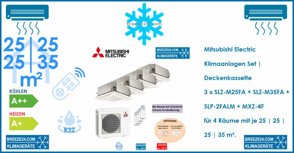 Mitsubishi Electric Klimaanlagen Set 4 x Deckenkassette | 3 x SLZ-M25FA + SLZ-M35FA + SLP-2FALM + MXZ-4F für 4 Räume mit je 25 | 25 | 25 | 35 m²