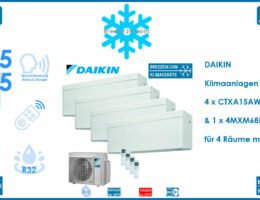 Daikin Klimaanlagen Set 4 x Wandgeräte Stylish CTXA15AW + 4MXM68N R32 für 4 Räume mit je 15 m²