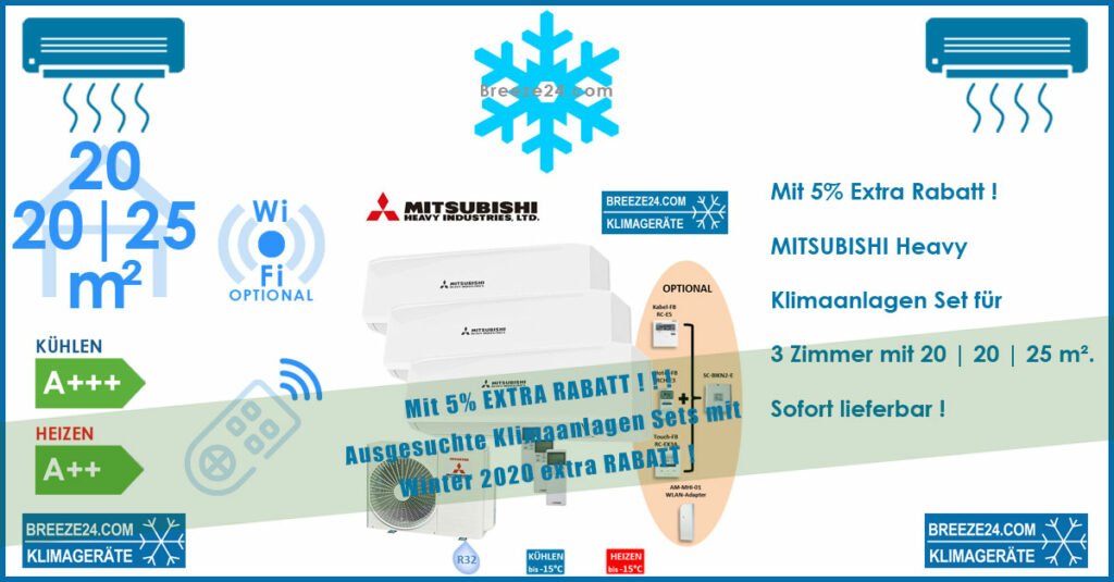Mitsubishi Heavy Klimaanlagen Set 2 x SRK20ZS-W + SRK25ZS-W + Außengerät SCM50ZS-W R32 für 3 Zimmer mit 20 | 20 | 25 m²