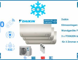 Daikin Klimaanlagen Set Wandgeräte Perfera 2,0 kW 3 x FTXM20N + 3MXM40N R32 für 3 Zimmer mit je 20 m²