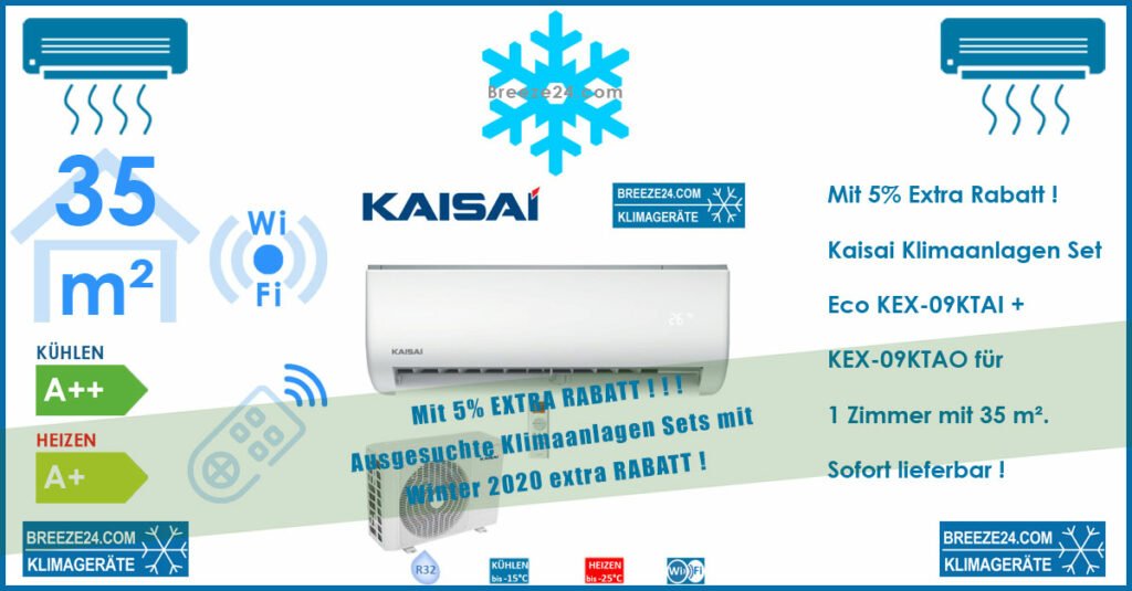Kaisai Klimaanlagen Set Wandgerät Eco 2,6kW R32 KEX-09KTAI + KEX-09KTAO für 1 Zimmer mit 35 m² Fläche