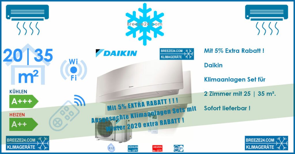 Daikin Klimaanlage Emura - FTXJ25MW + FTXJ35MW + Außengerät 2MXM40M für 2 Zimmer mit je 25 | 35 m²