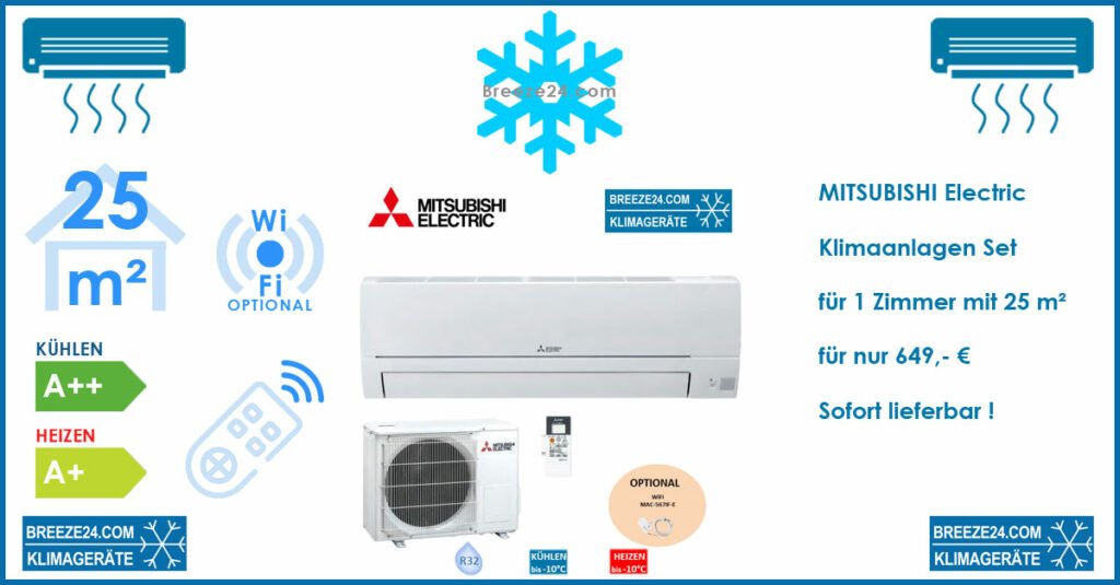 MITSUBISHI ELECTRIC Klimaanlagen Set MSZ-HR25VF Wandgerät + MUZ-HR25VF R32 2,5 KW für 1 Zimmer mit 25 m²