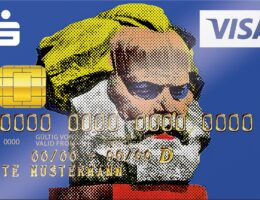 Bank mit Köpfchen: Karl Marx als künstlerisches Kreditkarten-Motiv im Pop Art-Stil