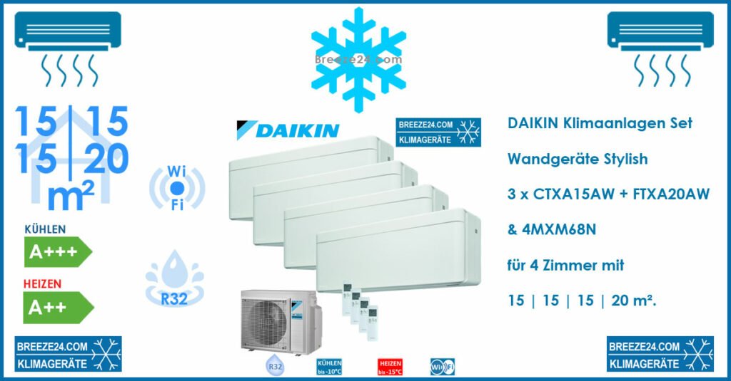 Daikin Klimaanlagen Set Wandgeräte Stylish 3 x CTXA15AW + FTXA20AW + 4MXM68N R32 für 4 Zimmer mit 15 | 15 | 15 | 20 m²