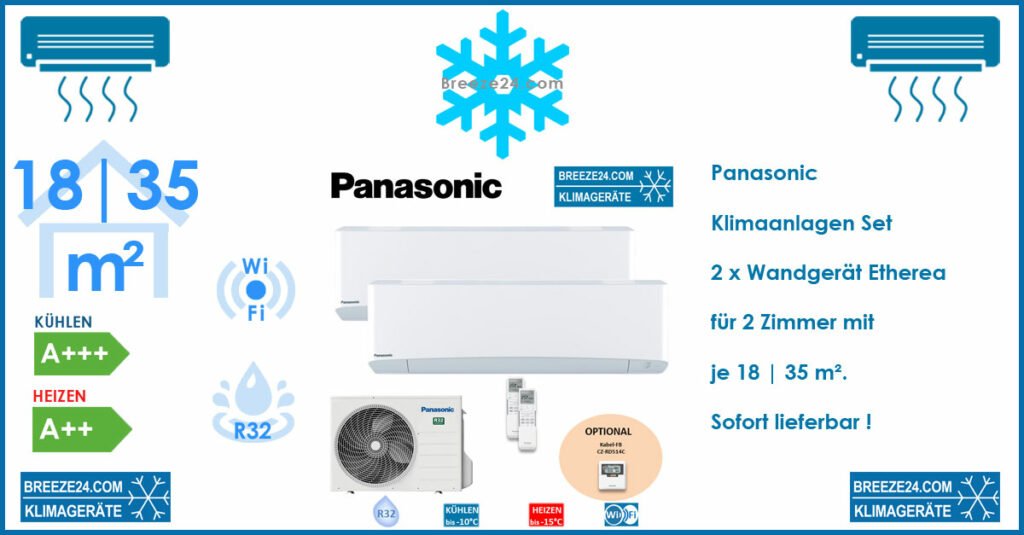 Panasonic Klimaanlage Wandgeräte - CS-MZ16VKE + CS-Z35VKEW + Außengerät CU-2Z35TBE R32 für 2 Zimmer mit je 18 | 35 m²