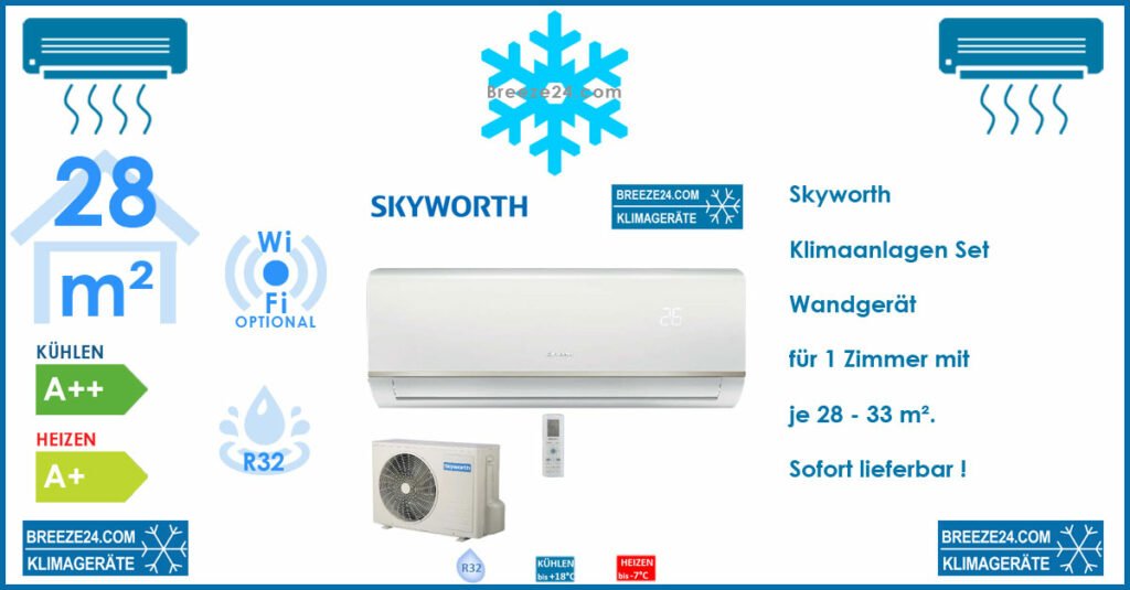 Skyworth Klimaanlage Wandgerät 2,6 kW SMVH09B-2A2A3NG(I) + SMVH09B-2A2A3NG(O) R32 für 1 Zimmer mit 28 - 33 m² nur 439,- €