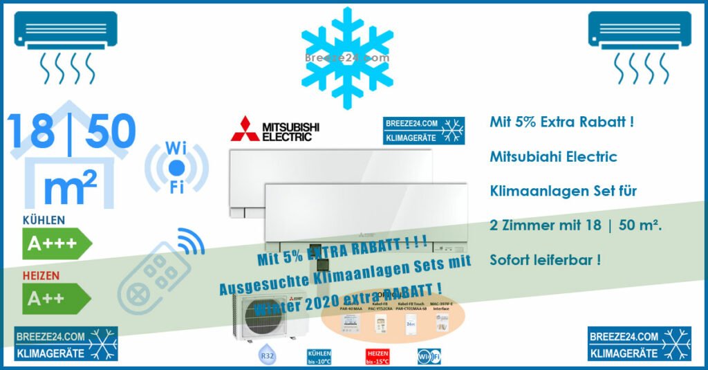 Mitsubishi Electric Klimaanlagen Set 2 x Wandgeräte Premium 1,8/5,0 kW + MUZ-2F53VFR32 für 2 Zimmer mit 18 | 50 m²