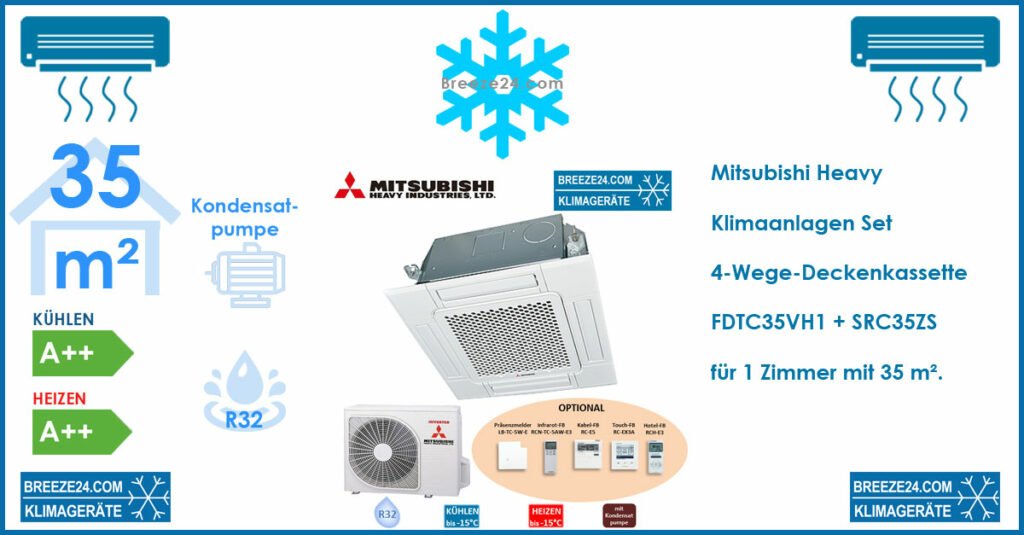 Mitsubishi Heavy Klimaanlagen Set 4-Wege-Deckenkassette FDTC35VH1 + SRC35ZS-W2 R32 für 1 Zimmer mit 35 m²