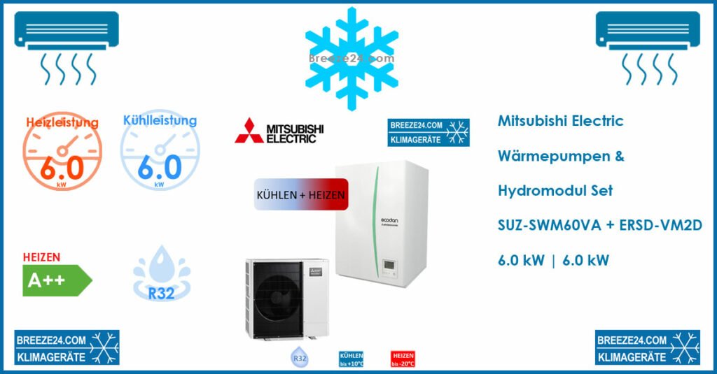 Mitsubishi Electric Wärmepumpen Set Wärmepumpe SUZ-SWM60VA + ERSD-VM2D Hydromodul | 6.0 kW | R32