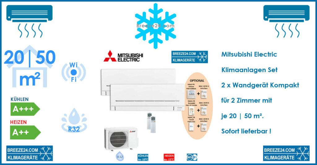 Mitsubishi Electric Klimaanlage Wandgerät Kompakt - MSZ-AP20VGK + MSZ-AP50VGK + MXZ-2F53VF R32 für 2 Zimmer mit je 20 | 50 m²