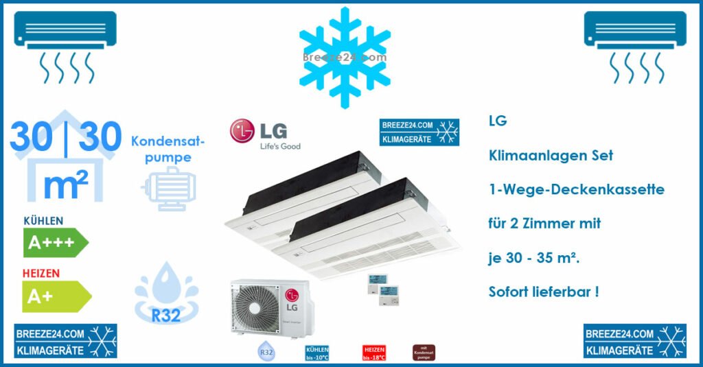 LG Klimaanlage 1-Wege-Deckenkassette MT09R NU1 mit Blende + MU2R15 ULO R32 für 2 Räume mit je 30 - 35 m²