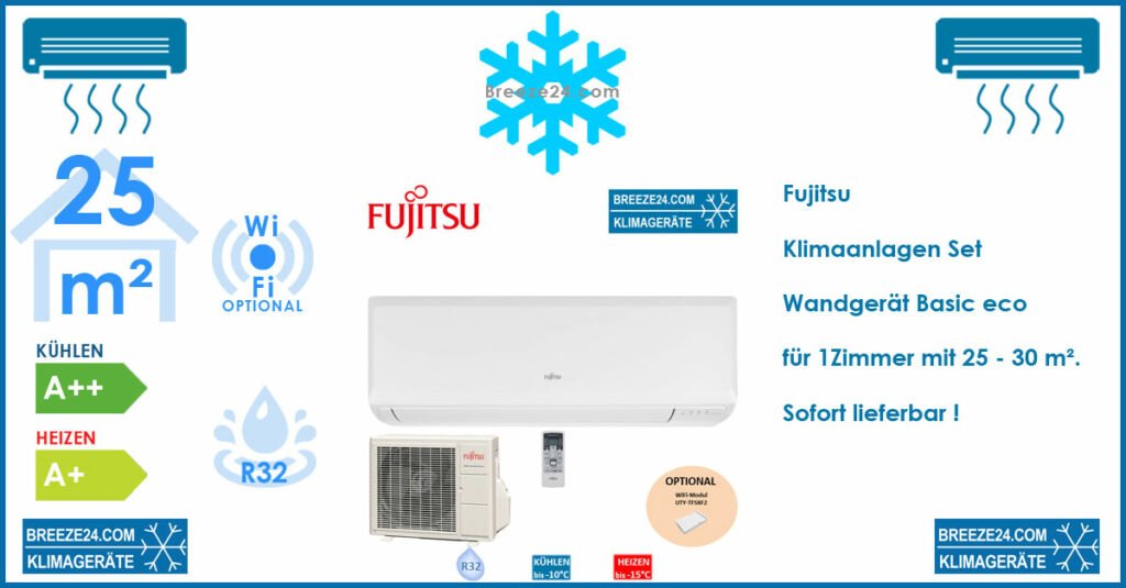Fujitsu Klimaanlage Basic eco ASYG09KPCA + AOYG09KPCA R32 für 1 Zimmer mit 25 - 30 m²