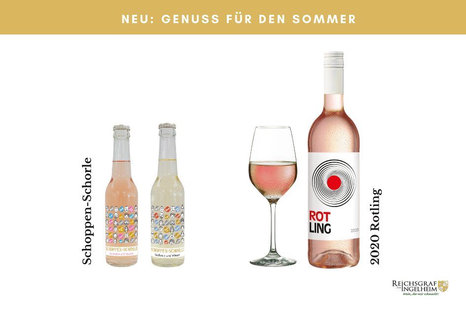 Schoppen-Schorle in den Ausführungen Rosé- und Weißweins sowie 2020 Rotling mit feinherber Note (Bildquelle: © Reichsgraf von Ingelheim)