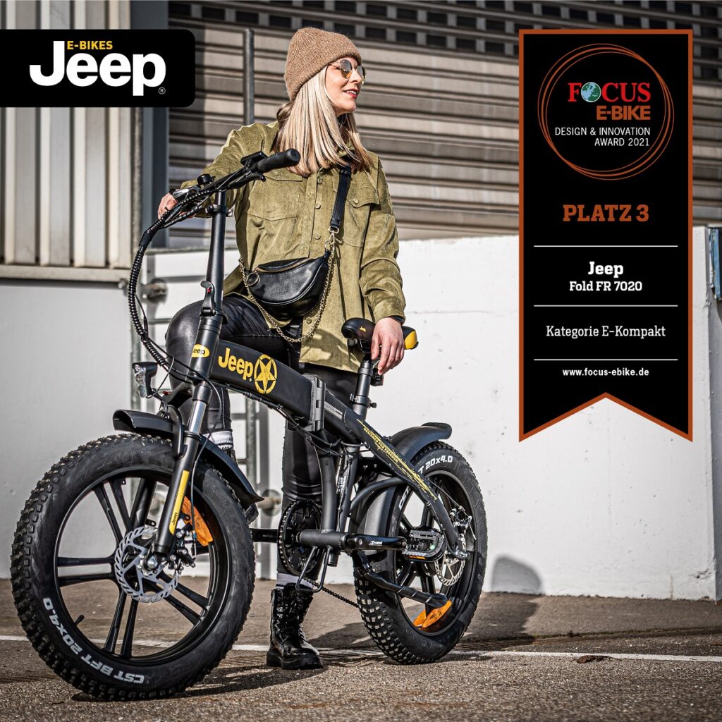 Das Jeep Fold FAT E-Bike FR 7020 wurde beim FOCUS Design Award 2021 mit Platz 3 in der Kategorie Kompakt ausgezeichnet.