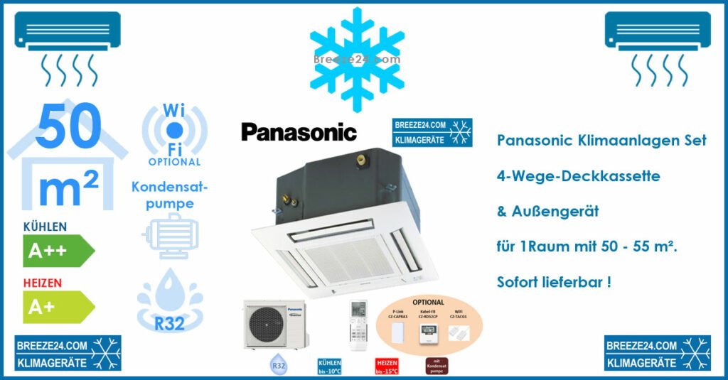 Panasonic Klimaanlage 4-Wege-Deckenkassette CS-Z50UB4EAW mit Blende + CU-Z50UBEA R32 für 1 Raum mit 50 - 55 m²