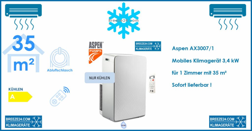 Aspen AX3007/1 Mobiles Klimagerät R290 für 1 Zimmer mit 35 - 40 m²