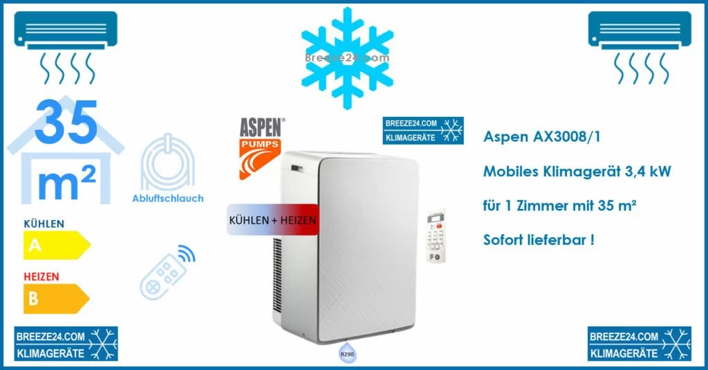 Aspen AX3008/1 Mobiles Klimagerät R290 für 1 Zimmer mit 35 - 40 m²