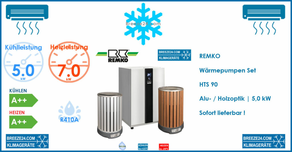Remko Wärmepume HTS 90 + Wärmepumpe (Alu/Holzoptik) | 5.0 kW| 7.0 kW | R410A | A++ | A++