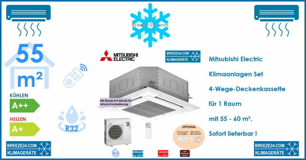 Mitsubishi Electric Klimaanlagen Set Deckenkassette R32 für 1 Zimmer mit 55 - 60 m²