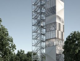 Das 37 Meter hohe adaptive Hochhaus steht auf dem Campus der Universität Stuttgart. (Bildquelle: ISYS + IKTD