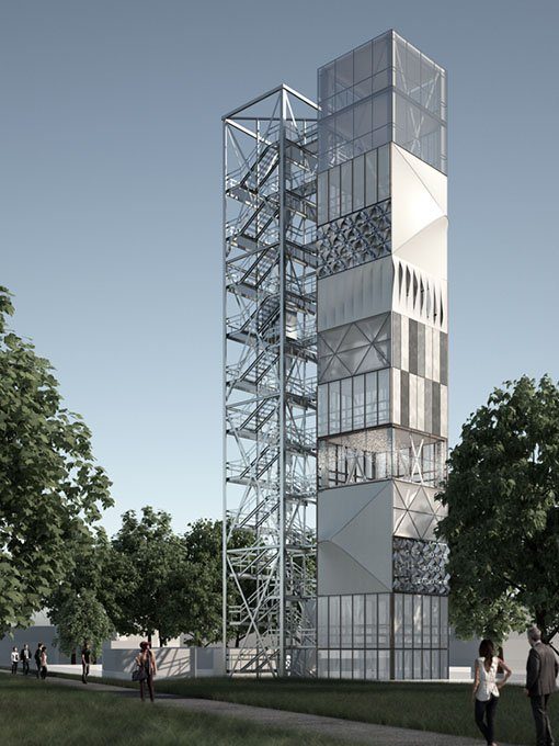 Das 37 Meter hohe adaptive Hochhaus steht auf dem Campus der Universität Stuttgart. (Bildquelle: ISYS + IKTD