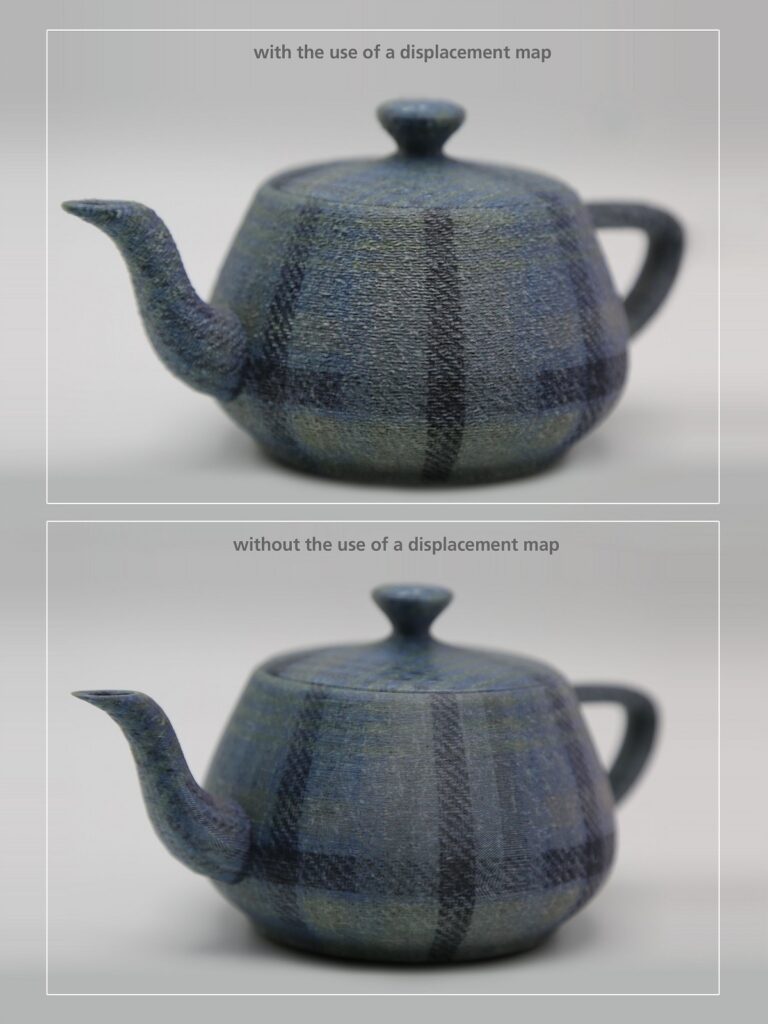 Mit Texturen versehene Teekanne mit und ohne Verwendung einer Displacement Map für feinere Geometrie.