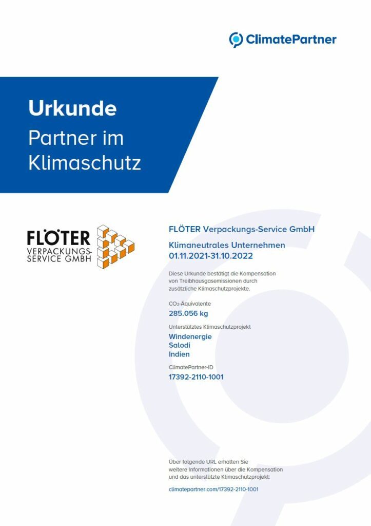 Urkunde-klimaneutrales Unternehmen Flöter Verpackungs-Service GmbH