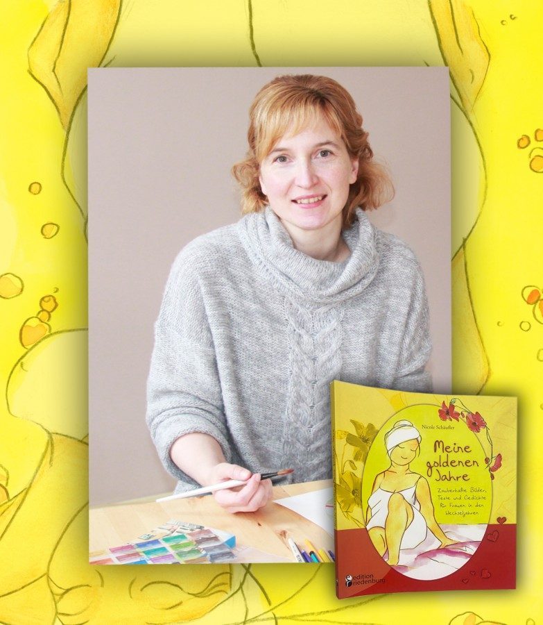 Meine goldenen Jahre: Bestseller-Autorin Nicole Schäufer neben ihrem neuen Buch (© edition riedenburg)