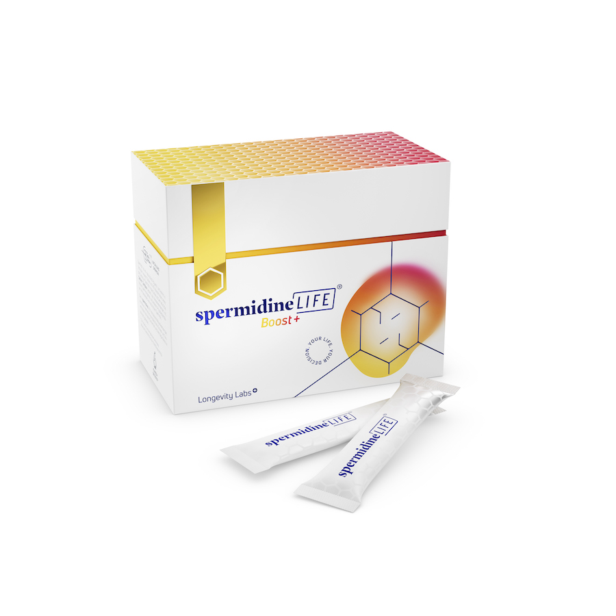 spermidineLIFE® Boost+ mit 3 mg Spermidin als Pulver in einzelnen Sachets. ©InfectoPharm (Die Bildrechte liegen bei dem Verfasser der Mitteilung.)
