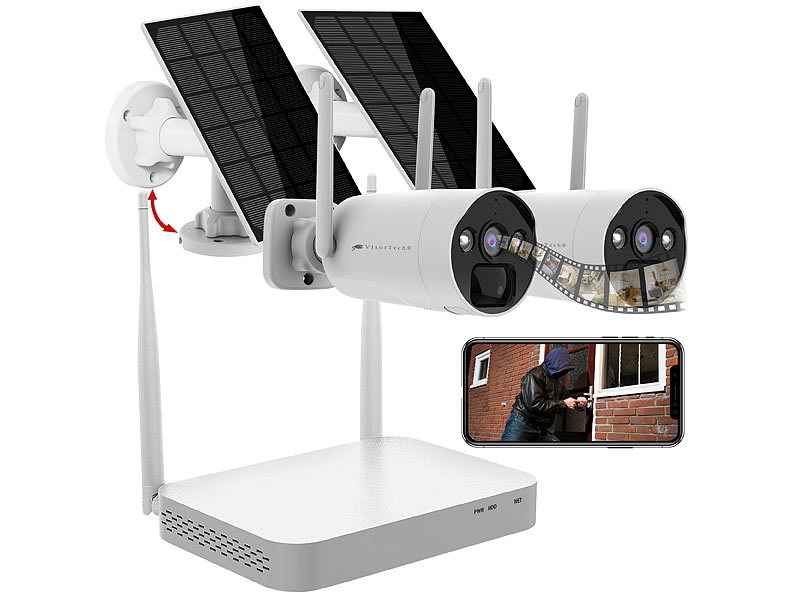VisorTech 2K-Festplatten-Überwachungsrekorder + 2 Solar-Akku-Kameras