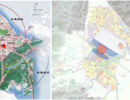 Links: Schematische Darstellung der Lage des West Hub in der städtischen Raumstruktur von Ningbo; Rechts：Skizze des Gestaltungsspi