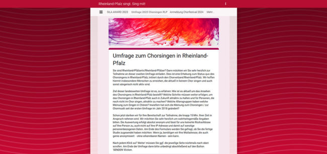 Umfrageformular zum Chorsingen in Rheinland-Pfalz jetzt online. Foto: Screenshot CV RLP (Die Bildrechte liegen bei dem Verfasser der Mitteilung.)